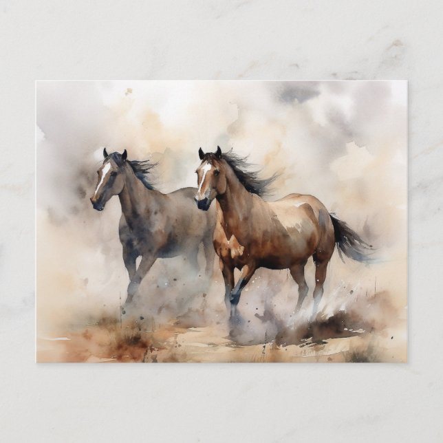 Cartão Postal "Dois Mustangs Selvagens" Dusty Western Watercolor (Frente)