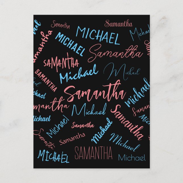 Cartão Postal Dois nomes casal padrão monograma rosa claro azul (Frente)