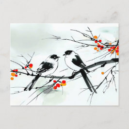 Cartão Postal Dois Pássaros Empoleirados em uma arte de tinta Br