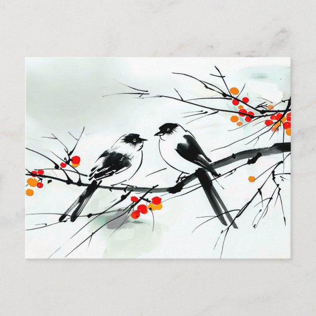 Cartão Postal Dois Pássaros Empoleirados em uma arte de tinta Br (Frente)