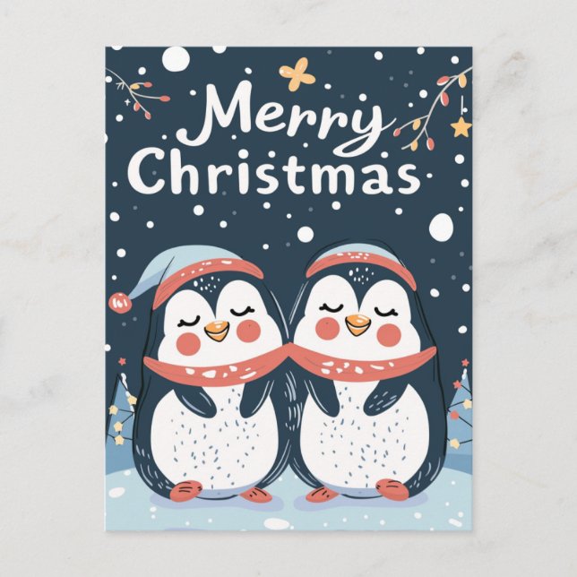 Cartão Postal Dois pinguins bonitos Feliz Natal (Frente)