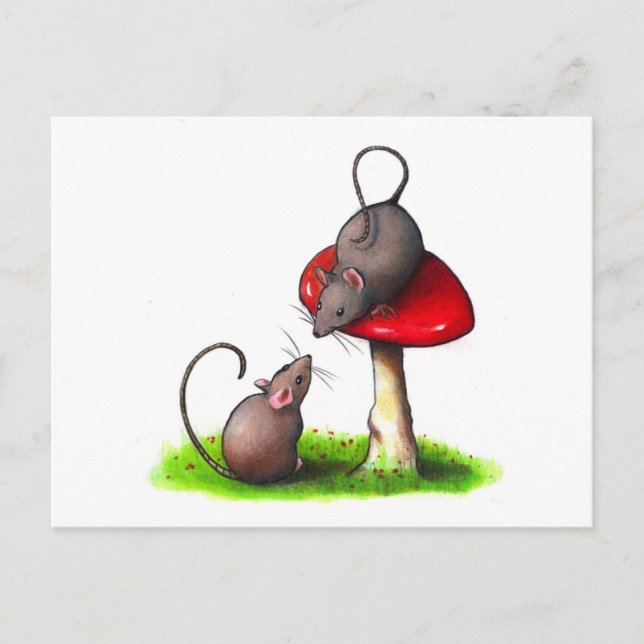 Cartão Postal Dois ratos pequenos bonitos e um Toadstool: (Frente)