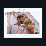 Cartão Postal Dois Script Minimalista De Foto Salvar A Data<br><div class="desc">Dois Casamento Elegante de Script Minimalista de 2 Fotos Salve o Cartão-Postal de Data</div>