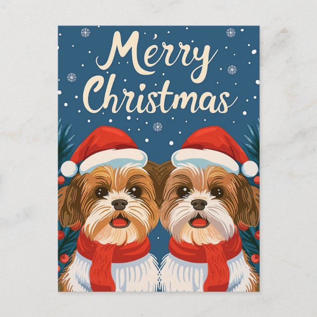 Cartão Postal Dois Shi Tzu Feliz Natal (Frente)