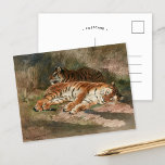 Cartão Postal Dois Tigres Recentes | Rosa Bonheur<br><div class="desc">Dois Tigres Recentes (1887) | Os Dois Recentes Tigres de Rosa Bonheur são uma pintura tranquila e majestosa que retrata dois tigres que descansam pacificamente numa paisagem pastosa. A meticulosa atenção dada pelo artista aos detalhes dá vida às peles raspadas e às formas musculares dos tigres, enquanto o ambiente natural...</div>
