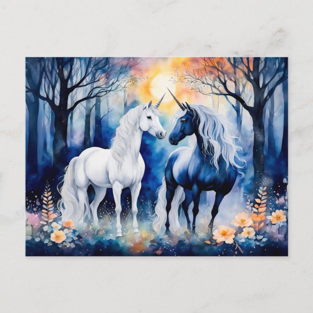 Cartão Postal Dois Unicórnios Juntos Sob o Céu Estrelado (Frente)