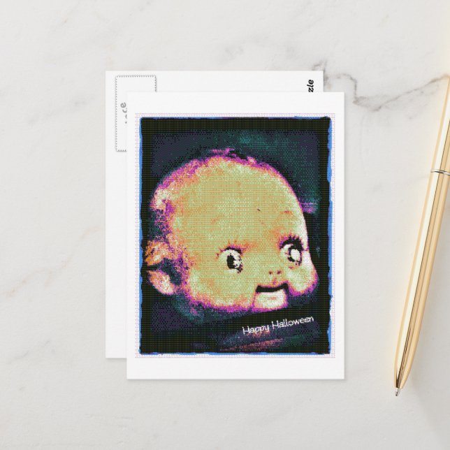 Cartão Postal Doll Head 8 Bit Glitch Halloween (Frente/Verso In Situ)