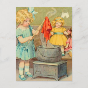 Cartão Postal Dolly Laundry Girl Vintage Brincando Bonecas
