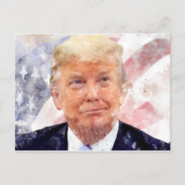 Cartão Postal Donald Trump sorrindo com bandeira americana (Frente)