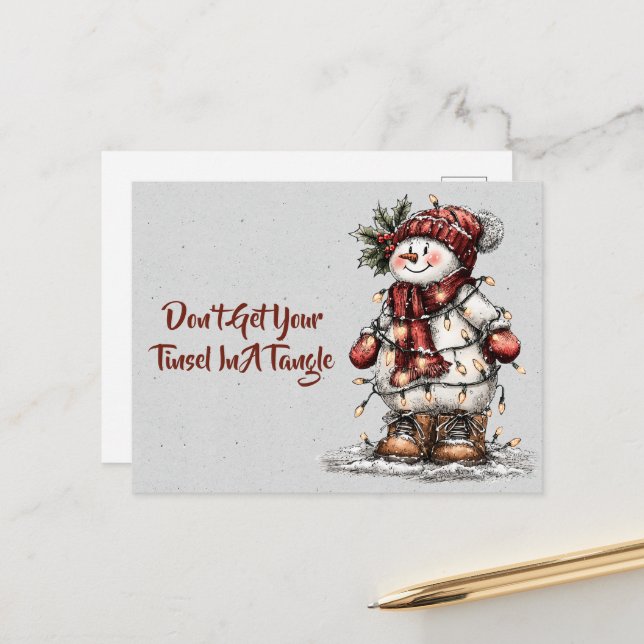 Cartão Postal Don't Get Your Tinsel In A Tangle Snowman  (Frente/Verso In Situ)