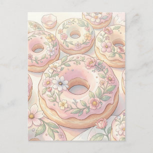 Cartão Postal Donuts Rosa Floral Ilustração Pastel