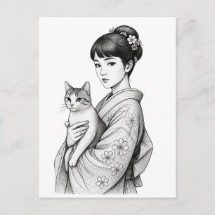 Cartão Postal Donzela Japonesa e seu Gato
