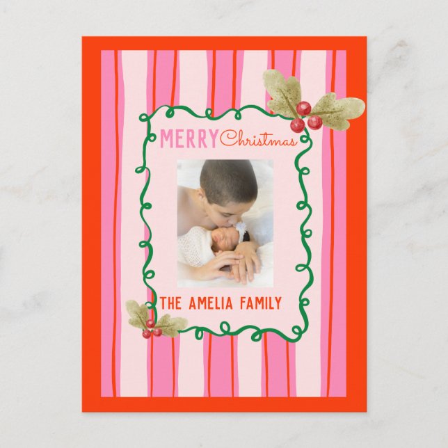 Cartão Postal  Doodle Christmas Pink Red Border Photo Holiday  (Frente)