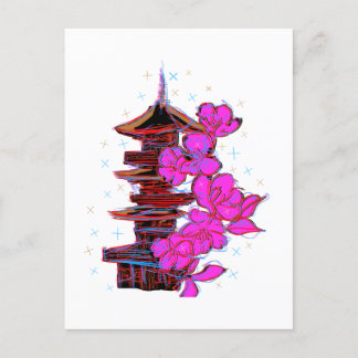 Cartão Postal Doodle japonés: La belleza serena de una pagoda 