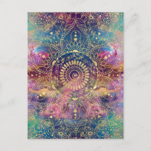 Cartão Postal Dourada aquarela e nebula mandala