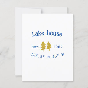 Cartão Postal Dourada árvore azul lake house adiciona coordenada