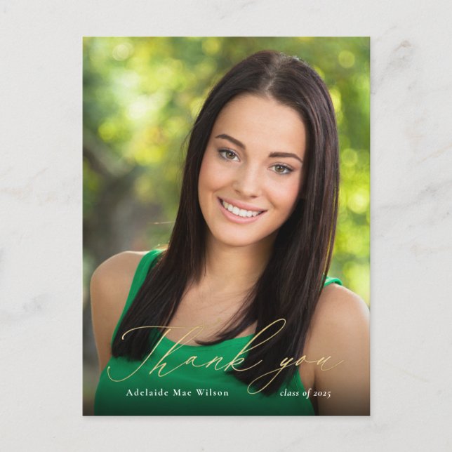 Cartão Postal Dourada Caligrafia Graduação de Fotos Obrigado (Frente)