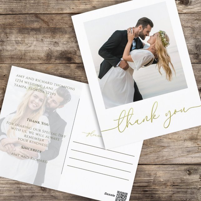 Cartão Postal Dourada Caligrafia Script Moderno Simples Duas Fot (Criador carregado)