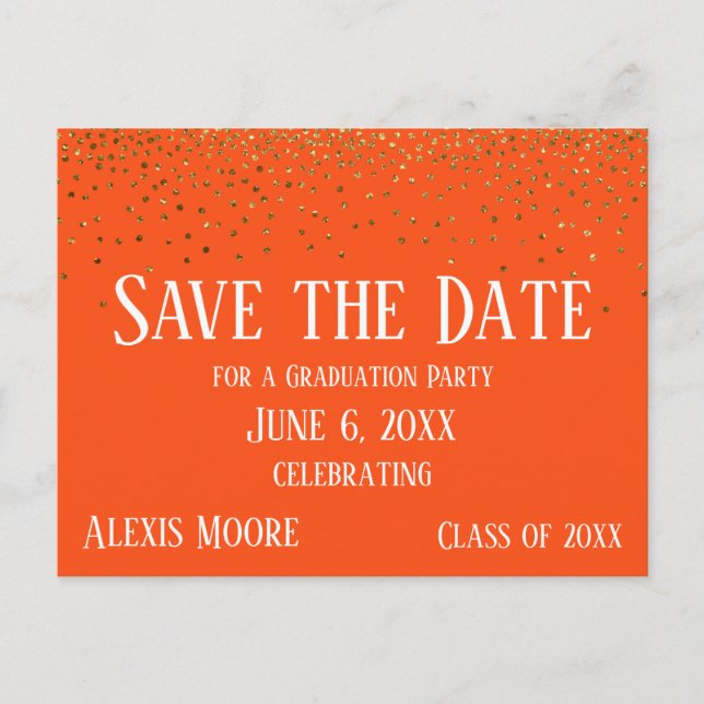 Cartão Postal Dourada Confetti Orange Graduação Salva a Data (Frente)