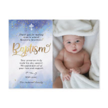 Dourada e azul aquarela Foto do batismo Obrigado
