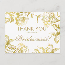 Cartão Postal Dourada e simples Bridesmaid Floral Obrigado
