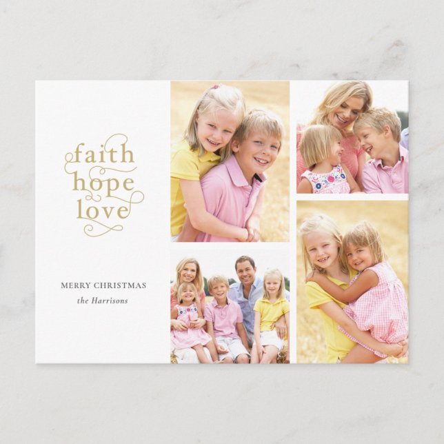 Cartão Postal Dourada Faith Hope Love 4-Photo Family Christmas (Frente)