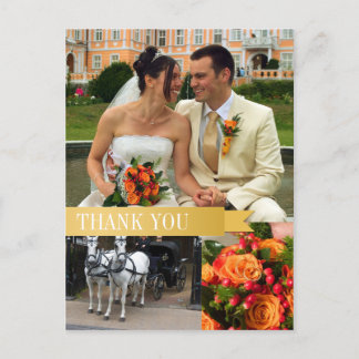 Cartão Postal Dourada fita 3 foto-montagem casamento, obrigado n