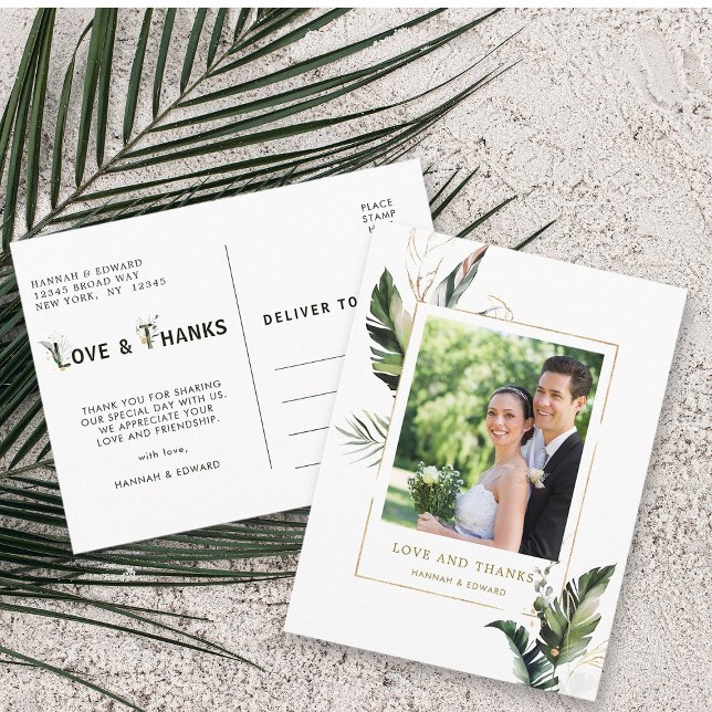 Cartão Postal Dourada Folhagem Tropical Foto de Casamento Obriga (Front & Back)