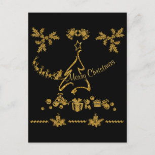 Cartão Postal Dourada Glitter Feliz Natal, Papai Noel