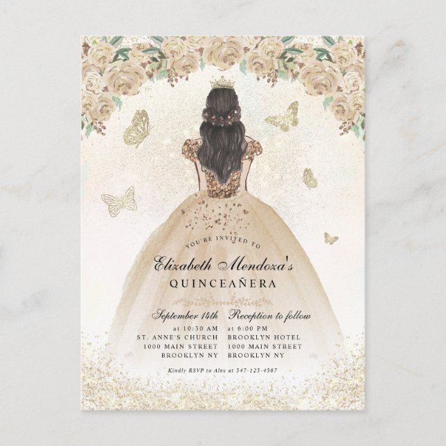 Cartão Postal Dourada Sparkle Floral Princesa Quinceañera Aniver (Frente)