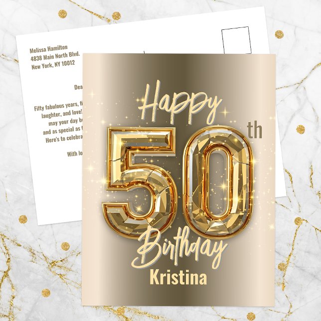 Cartão Postal Dourado Brilhante e Diamante Aniversário de 50 ano (Criador carregado)