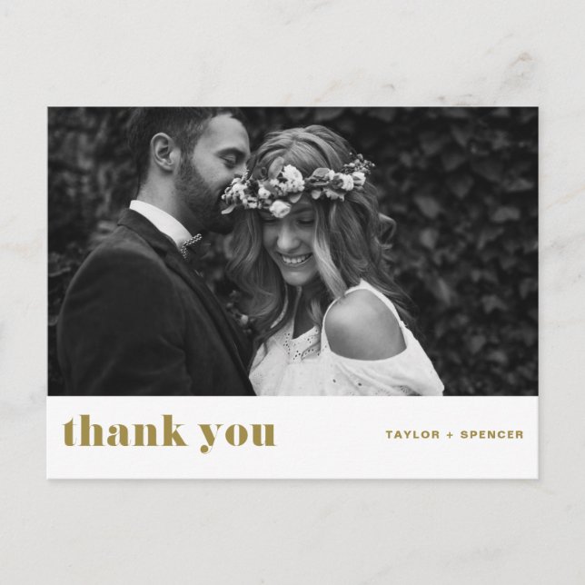 Cartão Postal Dourado casamento da Tipografia Trazida Obrigado (Frente)