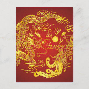 Cartão Postal Dourado Dragão Vermelho Fênix Favor do Casamento