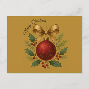 Cartão Postal Dourado - Enfeite Vermelho de Natal 