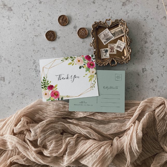 Cartão Postal Dourado Geométrico Folhagem Rosa Claro Obrigada (Criador carregado)