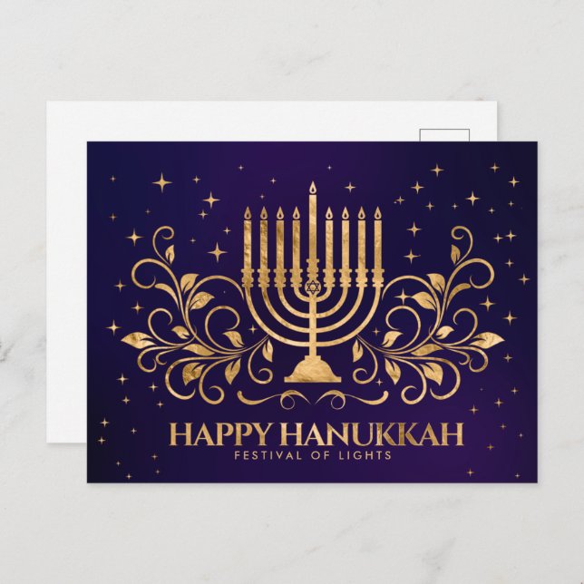 Cartão Postal Dourado Menorah Swirl Ornament Happy Hanukkah (Frente/Verso)