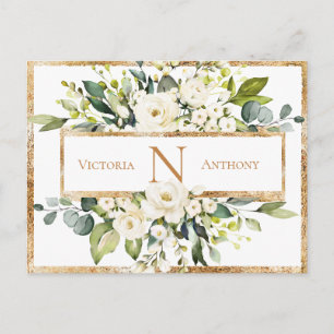 Cartão Postal Dourado Monograma Branco Verde Floral Salvar a Dat
