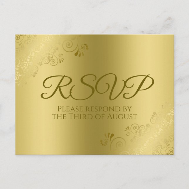 Cartão Postal Dourado na RSVP de Casamento de Filigre Floral Ele (Frente)