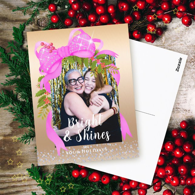 Cartão Postal Dourado Natal com Fita Rosa Glittering Foto de Fit (Glittering Pink Ribbon Christmas Photo Design.)