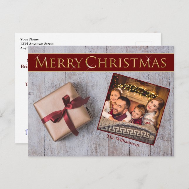 Cartão Postal Dourado Natal Presente em Foto do Deck de Neve (Frente/Verso)