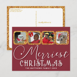 Cartão Postal Dourado Natal Vermelho com Script de Foto de Feria
