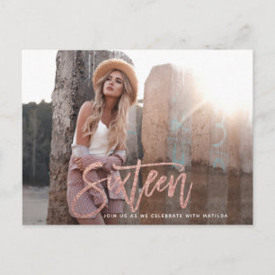 Cartão Postal Dourado rosa garota brilho foto sweet 16 aniversár