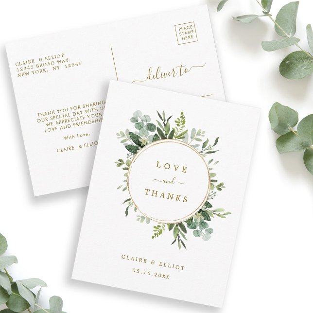 Cartão Postal Dourado Verde Botânico Obrigado (Front & Back)