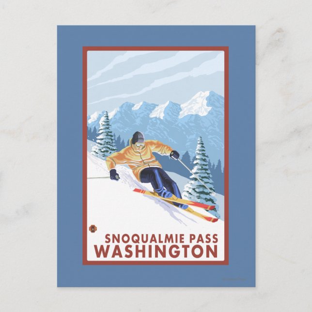 Cartão Postal Downhhill Snow Skier - Snoqualmie Pass, WA (Frente)