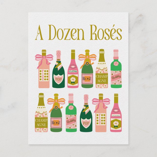 Cartão Postal Dozen Rosés Pink Champagne Botles Pop Fizz Clink (Frente)