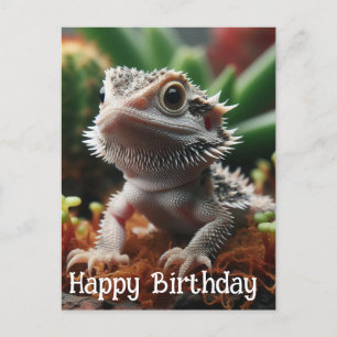 Cartão Postal Dragão Barbudo no Jardim de Musgo Feliz Aniversári
