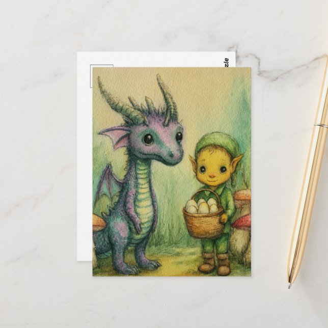 Cartão Postal Dragão Bebê e Elfo Com Ovos (Frente/Verso In Situ)