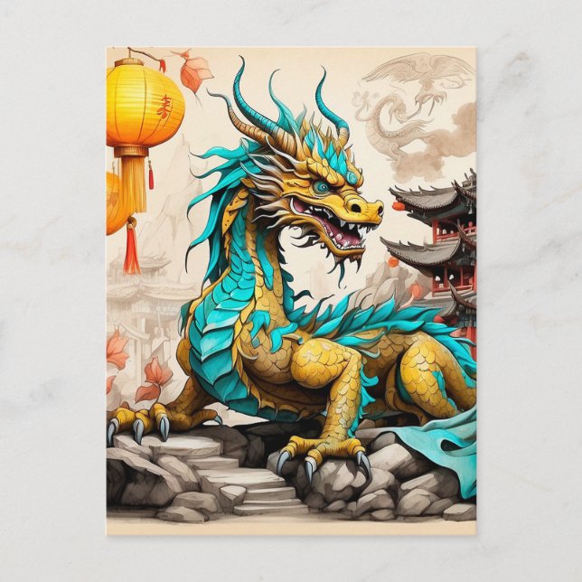 Cartão Postal Dragão chinês tradicional para o Ano Novo Chinês (Frente)