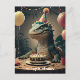 Cartão Postal Dragão de Komodo sentado à mesa com bolo de aniver
