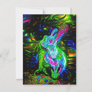 Cartão Postal Dragão do Coelho Psicodélico em Neon Fantasy
